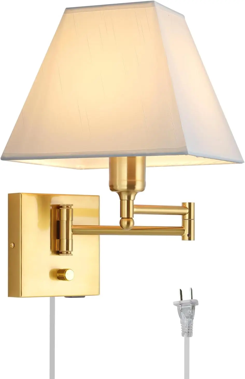 Dimmable Swing Arm Wall Sconce with USB Port and Fabric Shade, Gold Finish for Hallway Bedroom Living Room