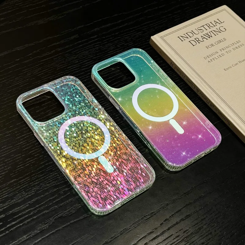 الليزر شبكة نمط أورورا بريق المغناطيسي قضية الهاتف آيفون 16 15 14 13 12 برو ماكس زائد 11 الملونة واضح للصدمات قذيفة