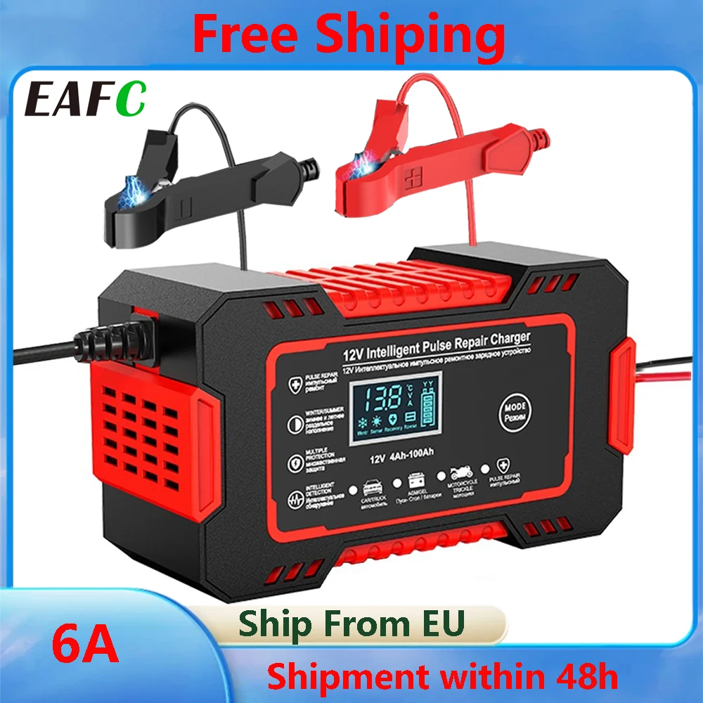 EAFC 12V 6A Car Battery Charger Pulse Repair Tool LCD Display Smart Fast Motorcycle Charge AGM Deep Cycle GEL Lead-Acid Charger