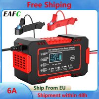 EAFC 12V 6A Car Battery Charger Pulse Repair Tool LCD Display Smart Fast Motorcycle Charge AGM Deep Cycle GEL Lead-Acid Charger