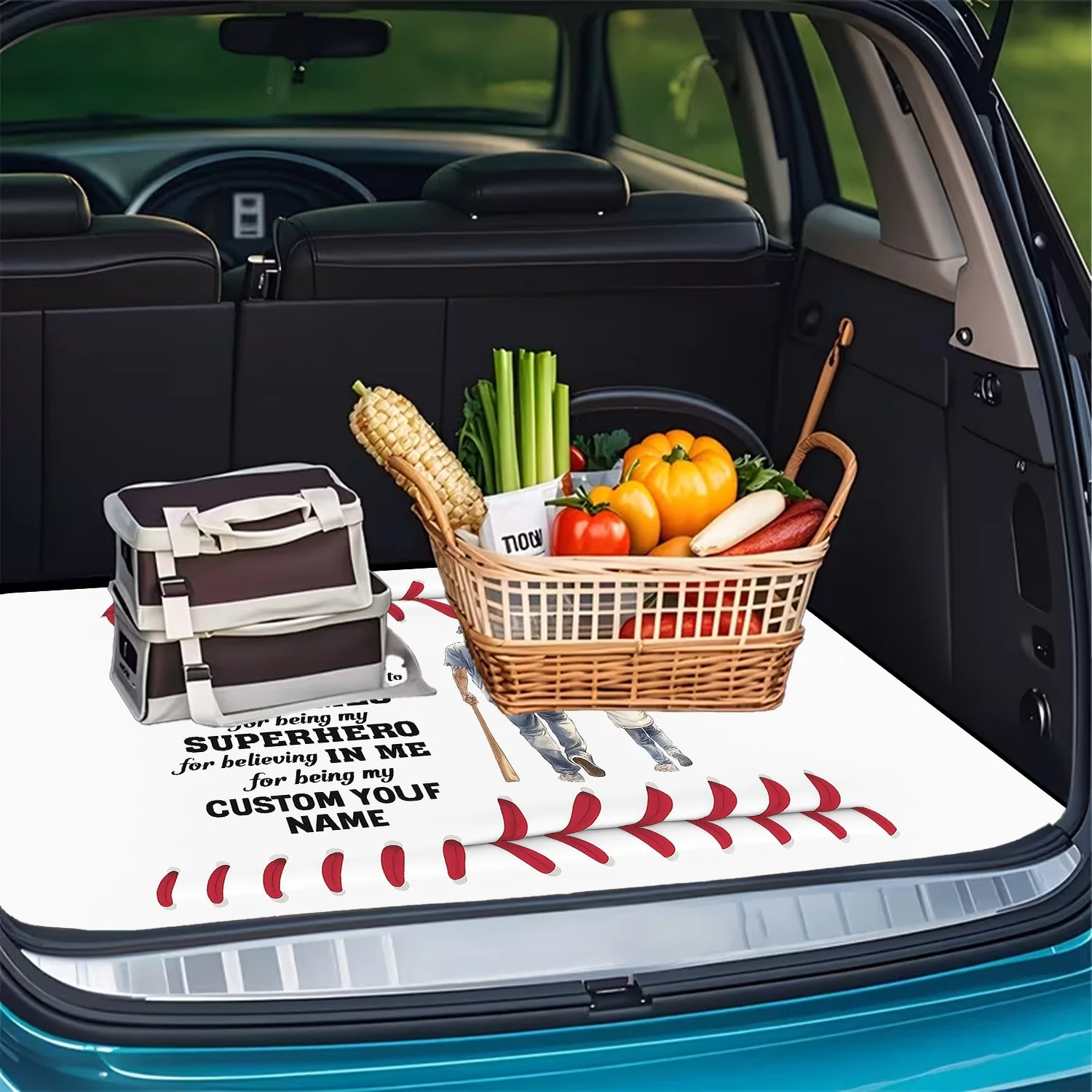 1pc Baseball Father-Son Style Car Trunk Mat, Baseball Stitch Print Pattern, Essential For Travel, Fit For Multiple Car Models,