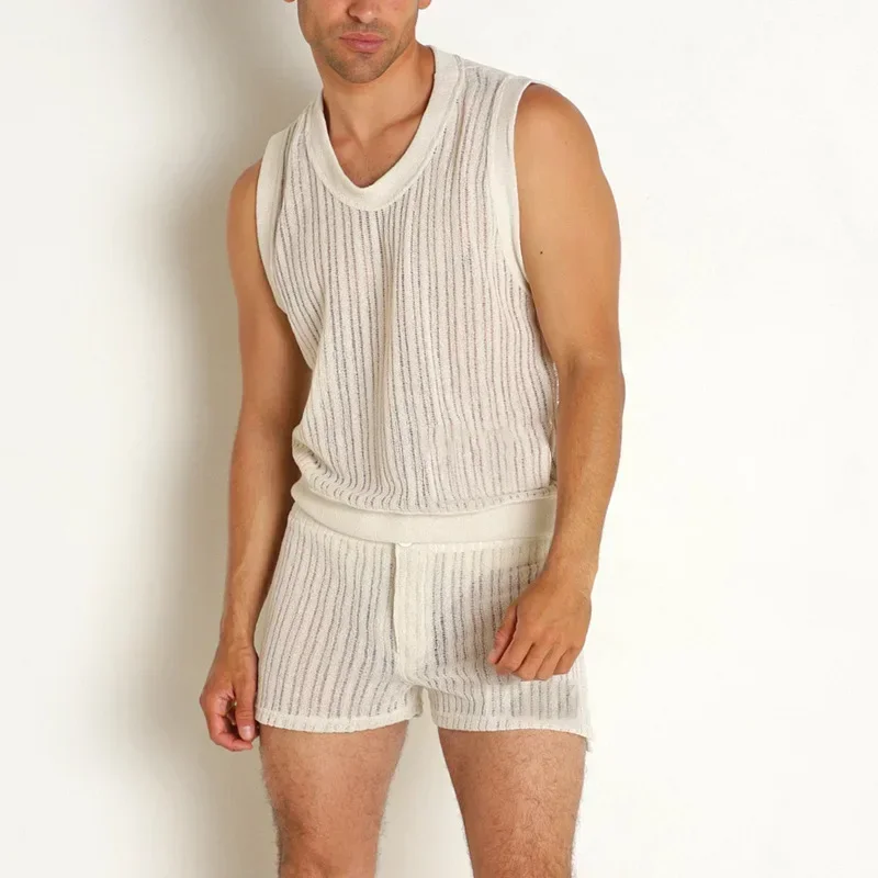 

Summer New Solid Color Outer Wear 2pcs Men's Clothing Set Casual Sleeveless V Neck Tank Top & Shorts