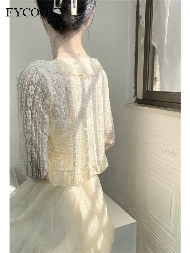 Cárdigan con cinturón de encaje de color albaricoque para mujer, moda coreana, Tops cortos de manga larga con cuello en V, chaqueta de protección solar fina y dulce para mujer