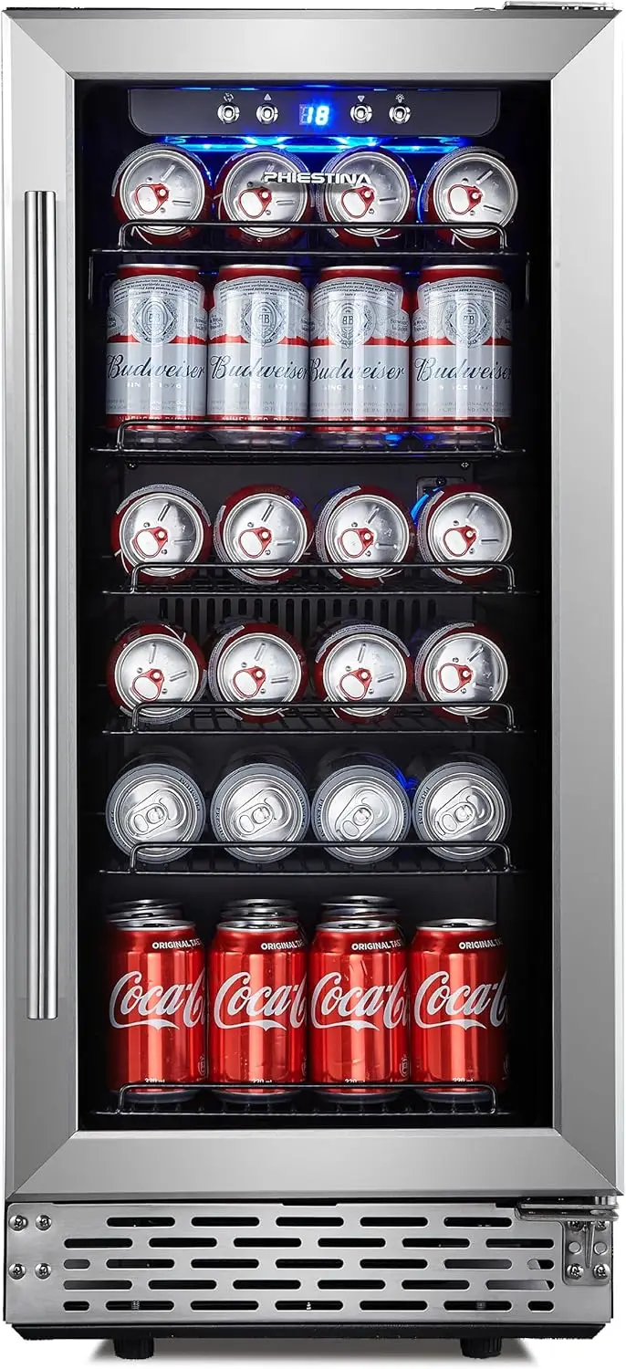 Refrigerator, Phiestina15 inch 96 Cans Built-in or Freestanding Beverage Cooler Mini Fridge with Auto Defrost,Glass Doo