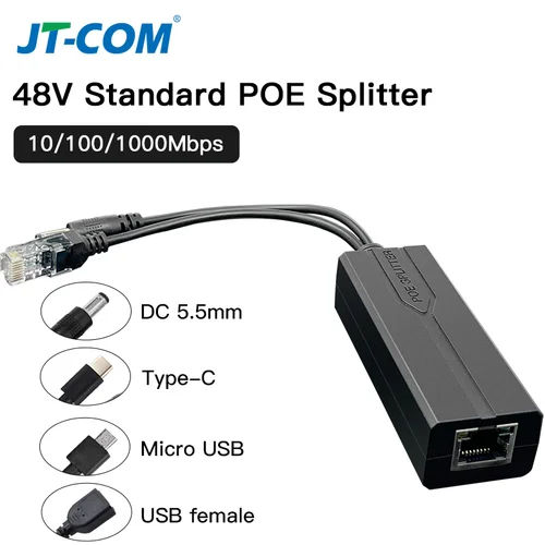 Divisor POE estándar 48V a 5V 12V 1.2A 2A Micro USB tpye-C 100M/1000M fuente de alimentación del inyector de cámara POE para Huawei Hikvision