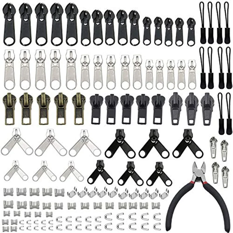 143pcs Zipper Sliders Repair Kit Replacement Tent Zipper Head Luggage Zipper Puller Slide with Plier for DIY Sewing Tools