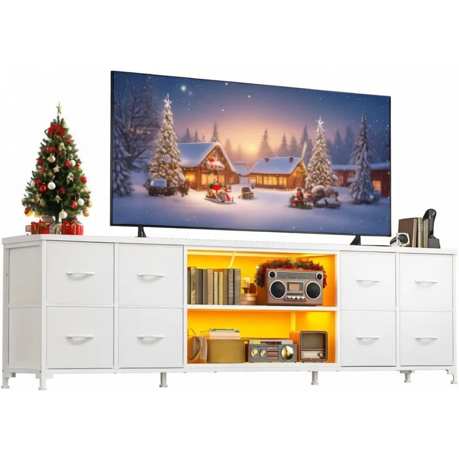 

63 W TV Stand for 65-75 Inch TVs with LED Lights Power Outlets White Fabric Dresser and Chest of Drawers Storage Entertainment