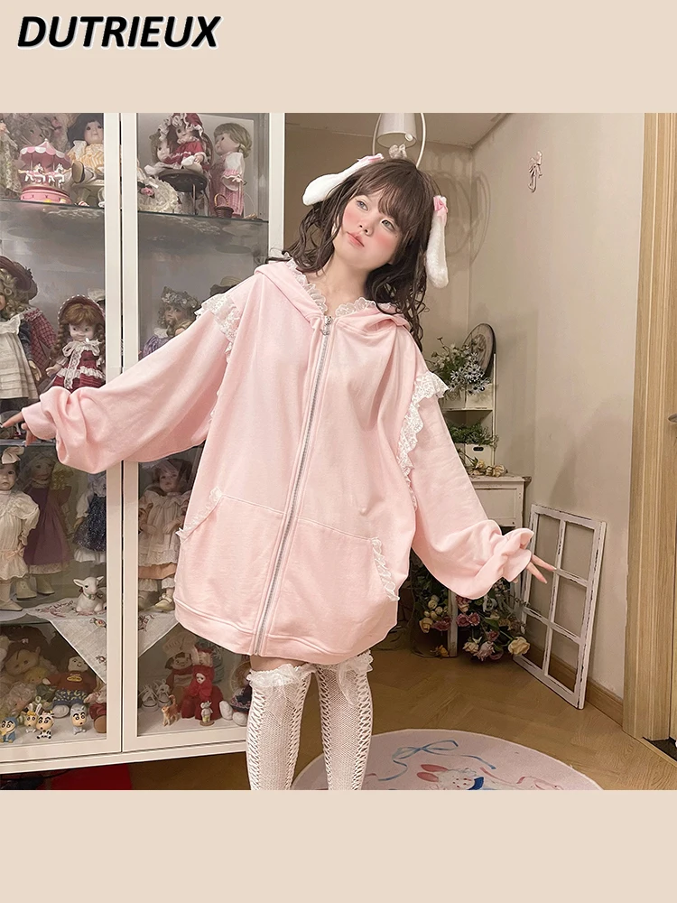 Sweet Girl Rabbit Ears Lace Hoodie Coat Female 2024 Spring Autumn New Long-Sleeved Pink Zipper Cardigan Outerwear Sweatshirt