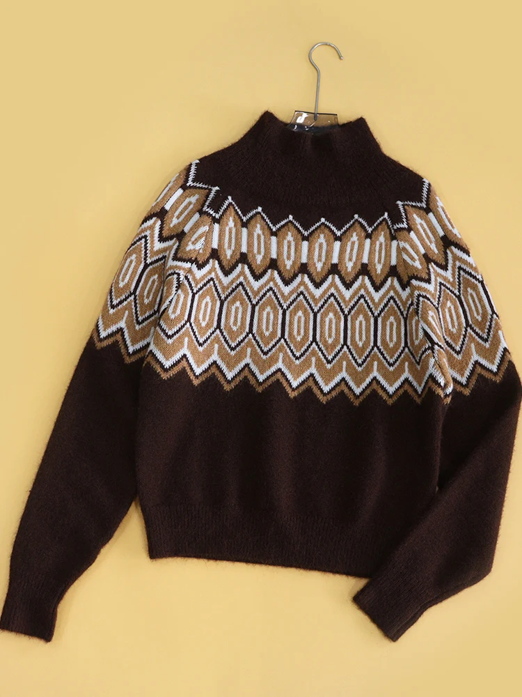

M Home 2025 Autumn Winter Fair Isle Geometric Pattern Embroidered High Neck Sweater Women's Loose Fit Long Sleeve Knitted Top