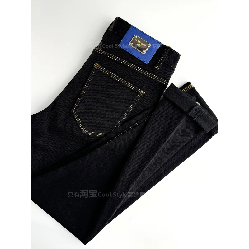 

Autumn and winter new black jeans for men, slim fit, small feet, elastic and plush warm high-end denim pants