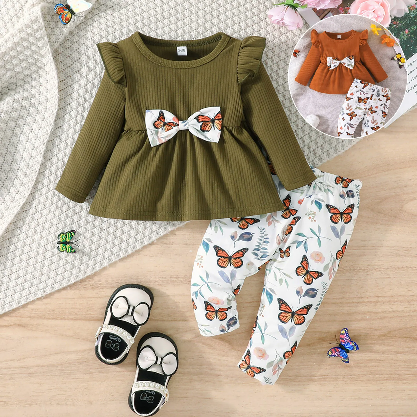 Newborn Baby Girls Clothes Set Toddler Ruffle Bow Tops Butterfly Floral Print Pants Princess Casual Infant Outfits Clothes Suit