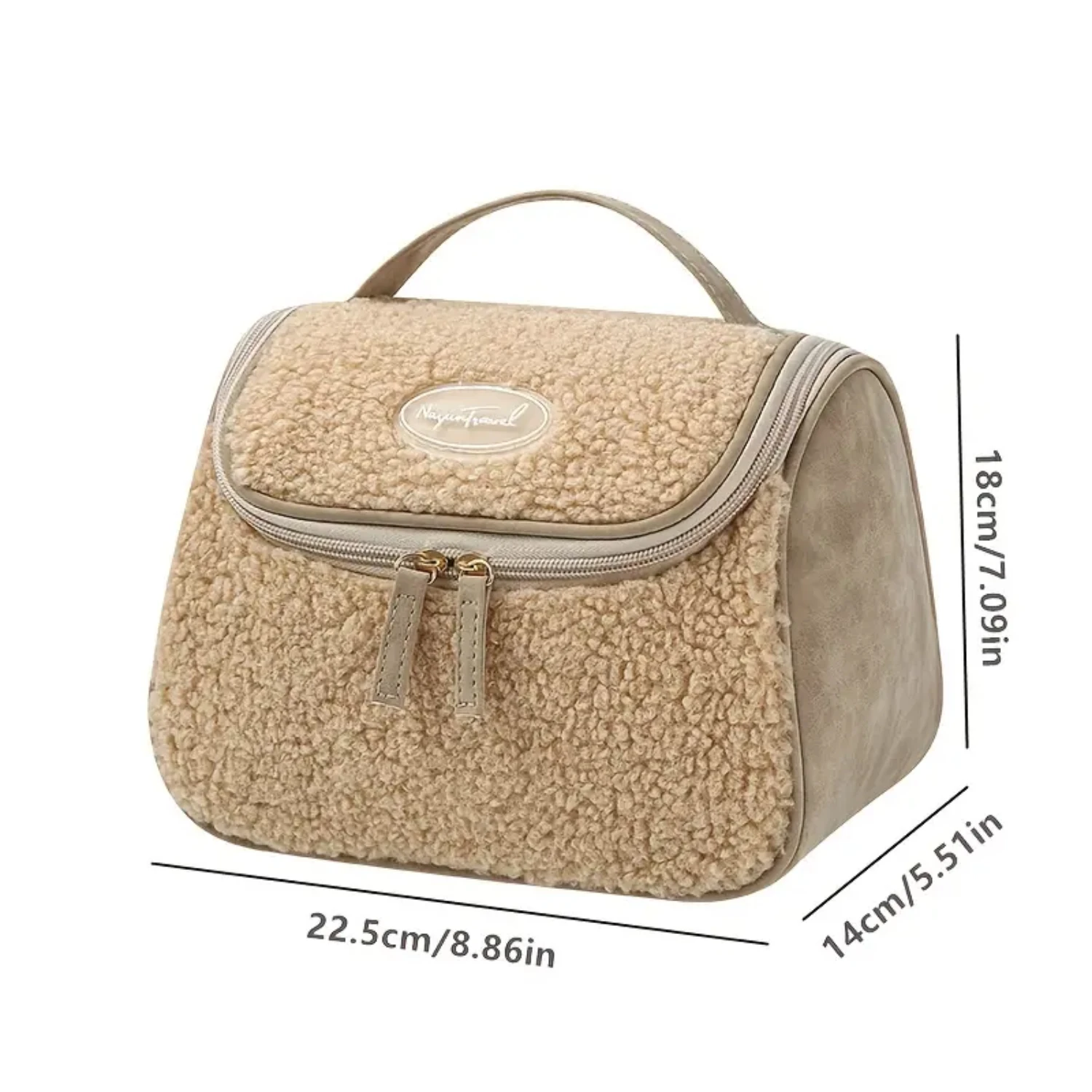 Travel in style with this spacious and plush Large Capacity Fuzzy Patch Detailed Cosmetic Bag. Perfect for all your toiletries a