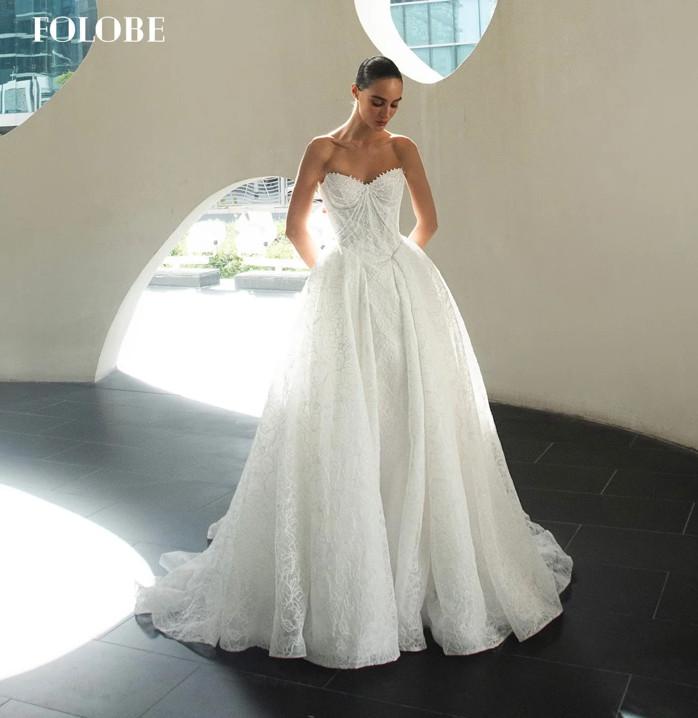 FOLOBE ลูกไม้สีขาว A-Line ชุดราตรีผู้หญิงที่ไม่มีสายหนังไข่มุกงานแต่งงานชุดราตรีชุดพิเศษโอกาสชุดที่กําหนดเอง