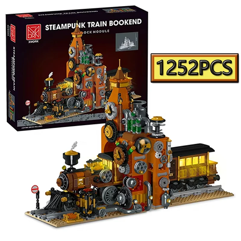 

1252PCS MOC Steampunk Train Bookshelf Building Blocks European Style City Street Scene LED Model Children's Educational Toy