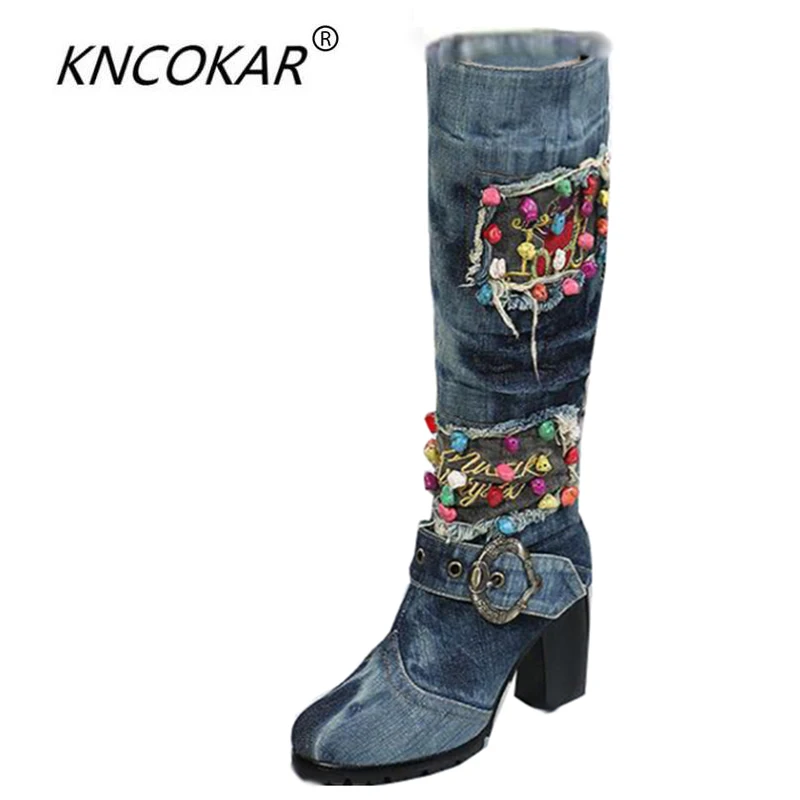 The new 2017denim antiskid boots  comfortable winter canvas shoes with high heels side zipper boots with fashion