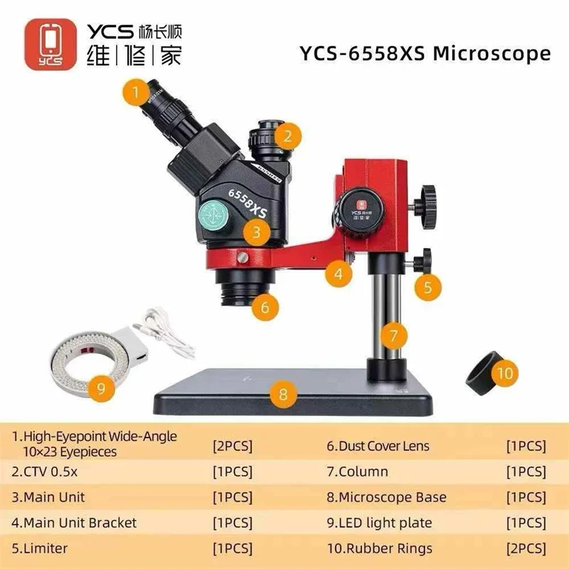 YCS 6558XS Microscope 6.5X-58X Zoom Binocular Stereo Microscope with LED Light for Mobile Phone PCB Soldering Repair
