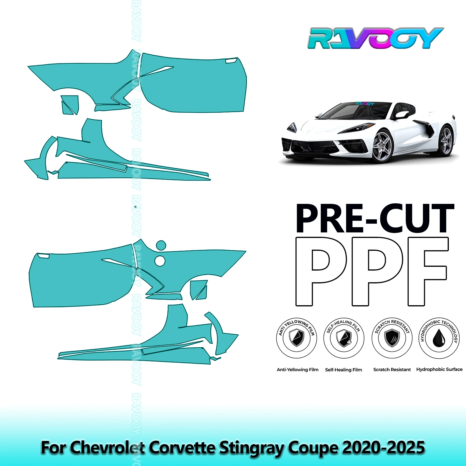 

For Chevrolet Corvette Stingray Coupe 2020-2025 8.5mil Pre-Cut PPF Door & A/B Pillar Kit TPU Paint Protection Film Set