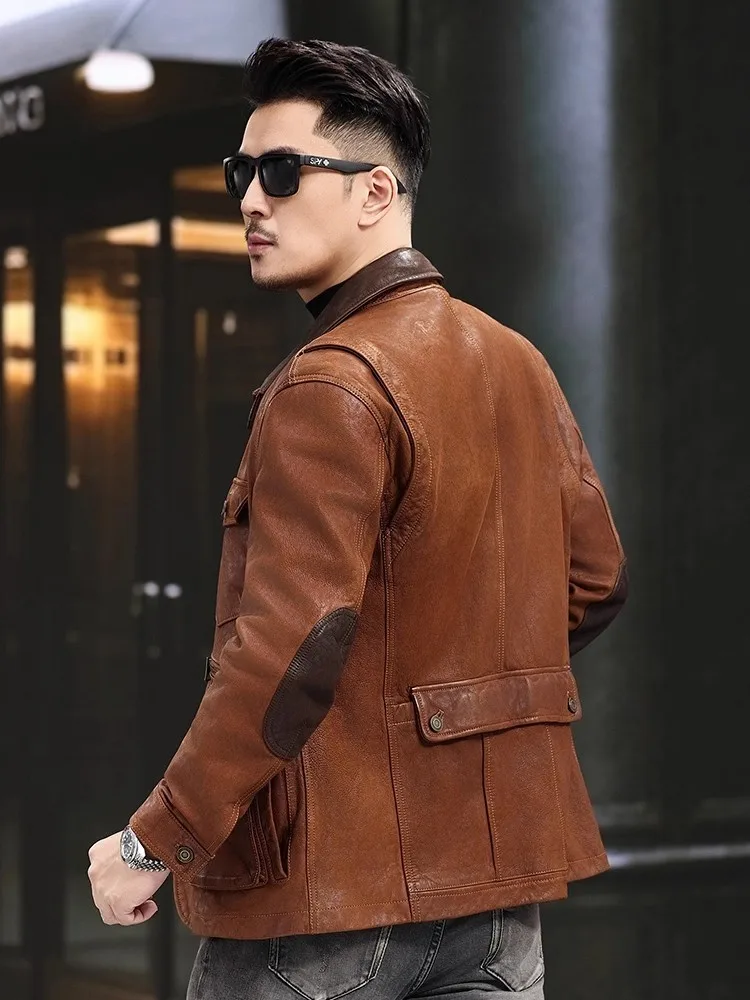 Top Quality Natural Goatskin Men Jacket Multi Pocket Slim Fit Outerwear Turndown Collar American Hunting Genuine Leather Jackets