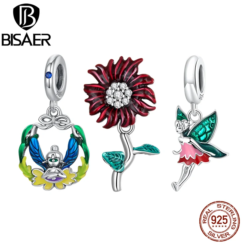 

BISAER 925 Sterling Silver Charms Lucky Daisy Flower Pendant Elf Pendant Bee Bead Fit Making DIY Bracelet Necklace Jewelry Gift