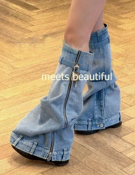 

New Blue Jeans Denim Sliver Metal Lock Zipper Side Super Height Increasing Wedge Round Toe Thick Sole Knee High Pants Boots Shoe