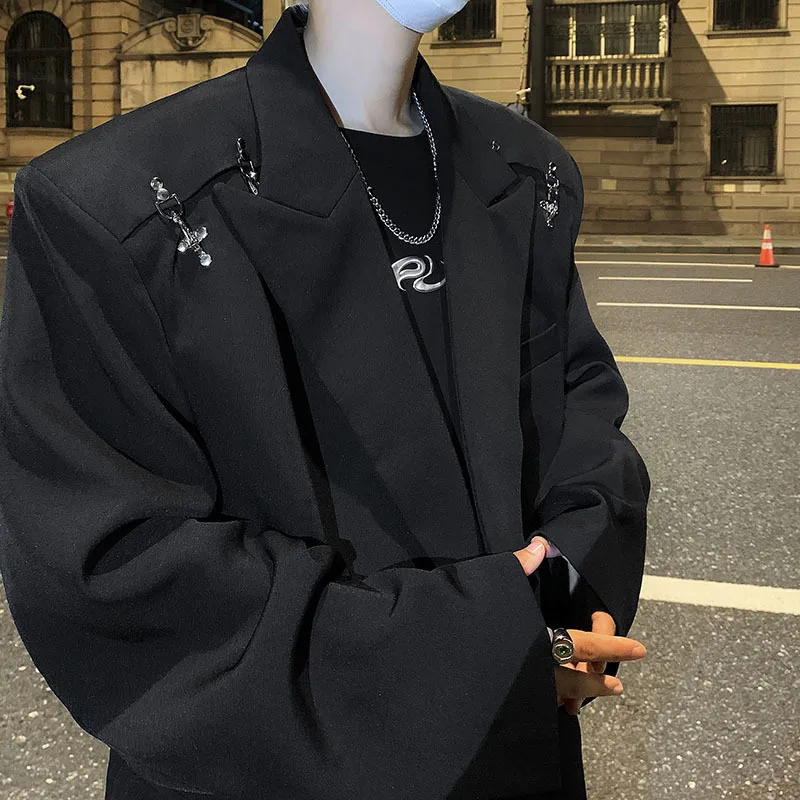 FEWQ-Chaqueta de manga larga con hebilla de Metal para hombre, traje de diseño decorativo con almohadilla, ropa oscura, Tops masculinos de moda,