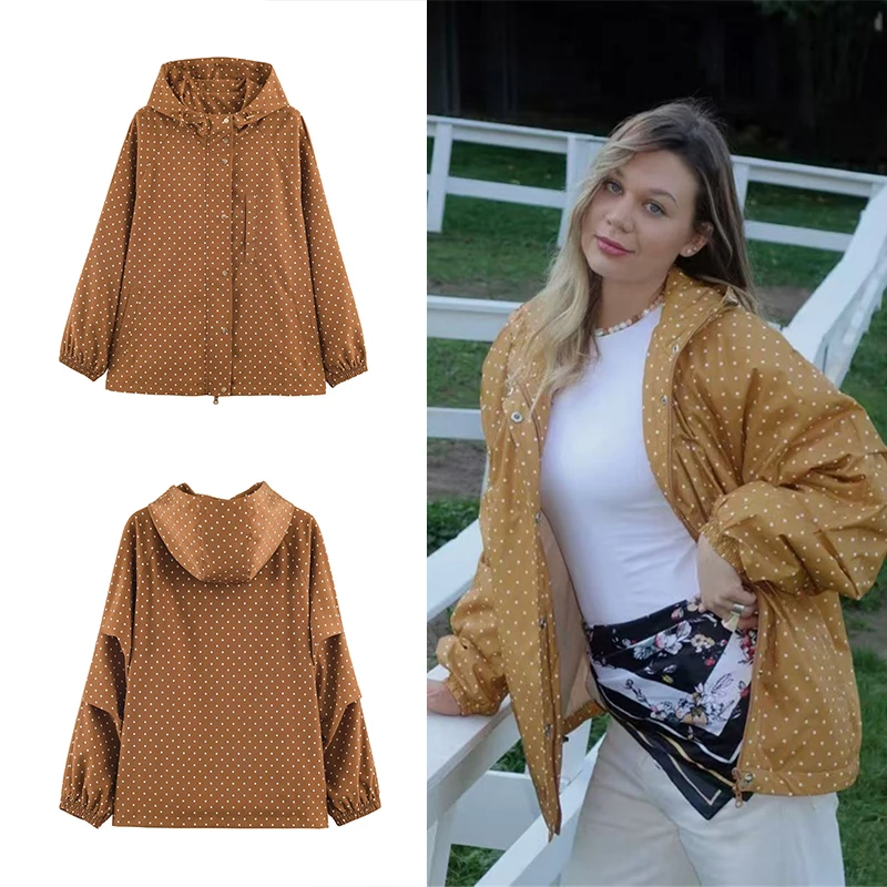 Guobioziy 2026 Autumn Women Polka Dot Hooded Jacket Zip Snap Button Front Raglan Sleeve Elastic Cuff Loose Casual Outerwear