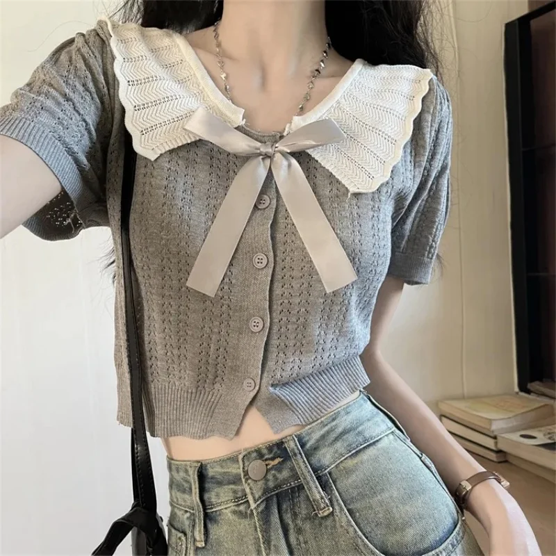 French Sweet Hundred Bow Color Collision Knit Sweater Women Summer Doll Collar Short Casual Slim Tops