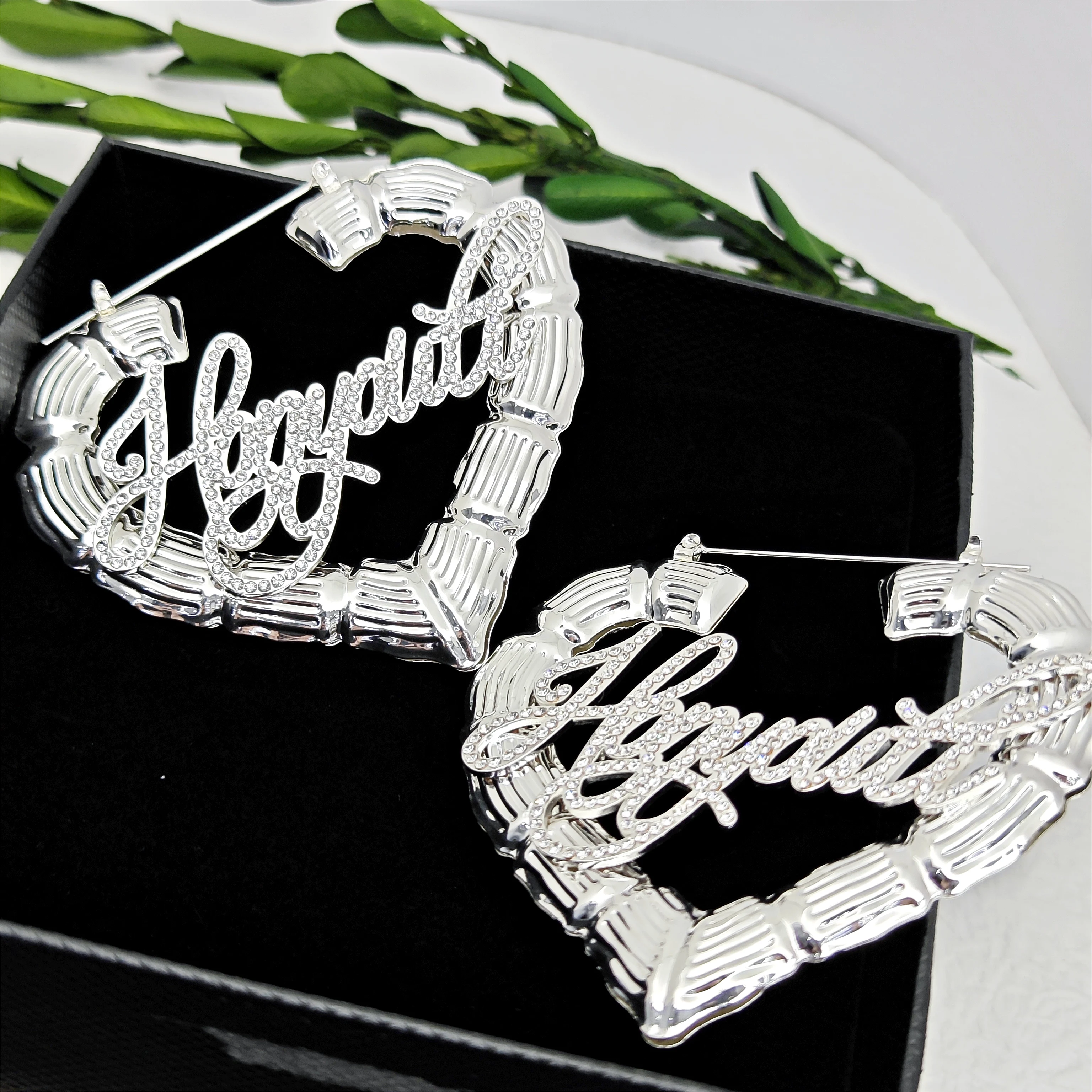 Lateefah Personalized Exaggerated Peach Heart Bamboo Full Diamond Name Customization Earrings