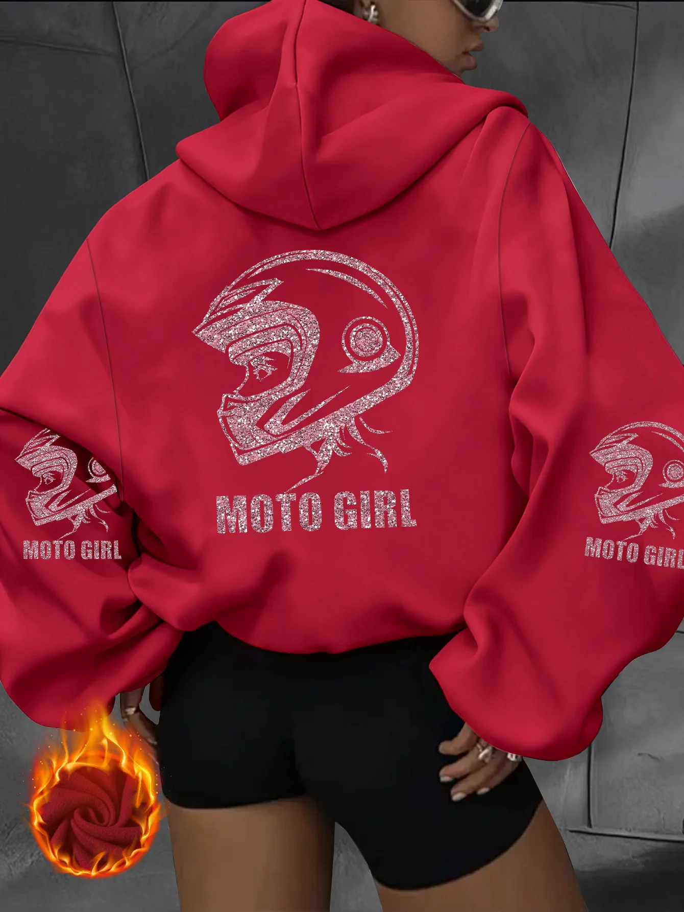 Unisex Motorrad-Hoodie Moto Girl Helm-Grafik Oversized Pullover Sweatshirt Biker Streetwear Herbst Winter – Detail 3