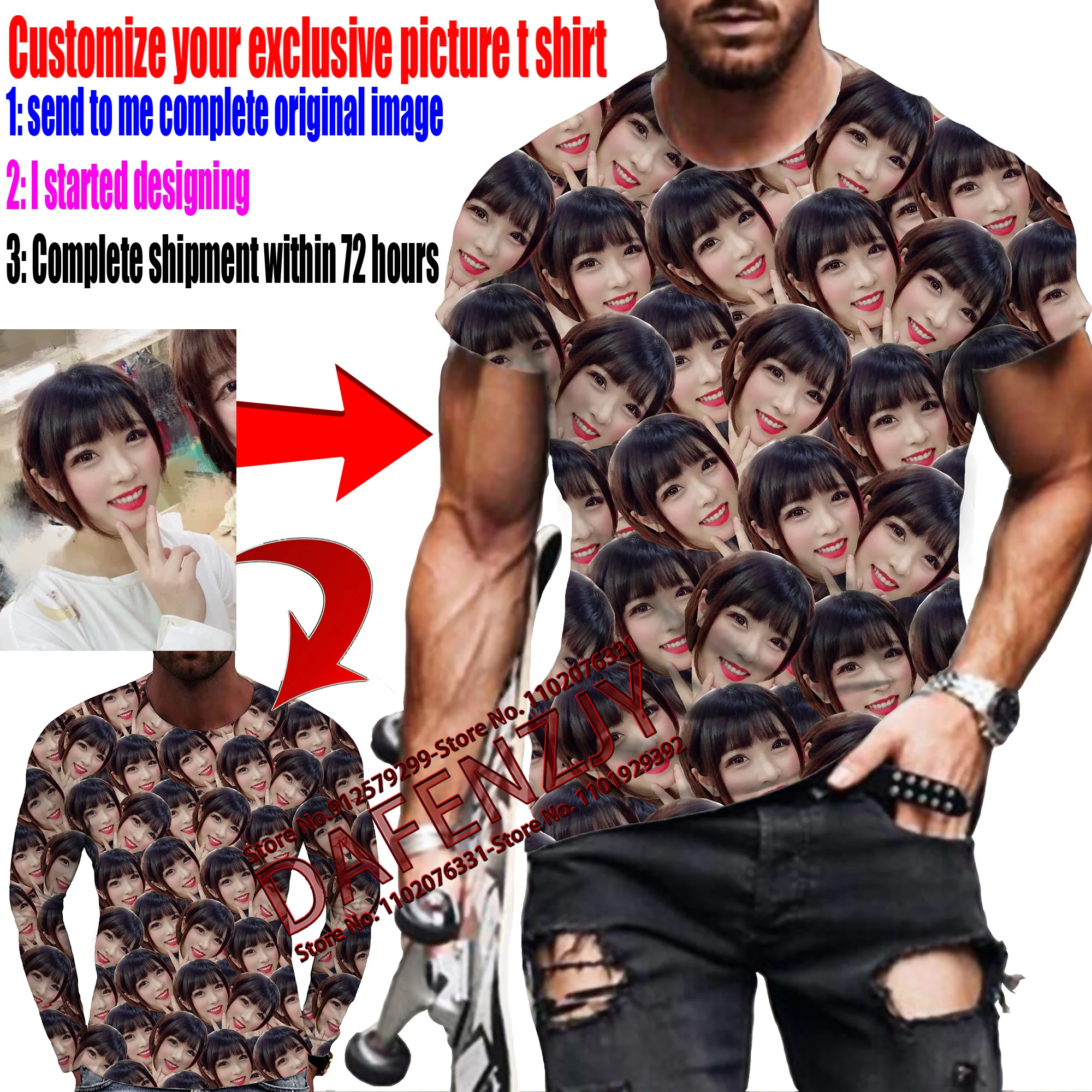 Trend Retro Custom Your Profile Picture Photo 3d Print T Shirt Short Sleeve Harajuku Tshirt Male T-shirt Customized Long Sleeve