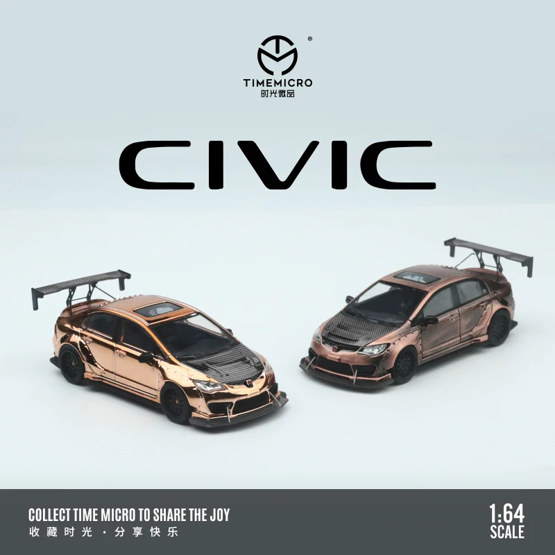 

Time Micro 1/64 Honda Civic Rose Gold/Bronze Diecast Model Car Metal Chassis Acrylic Display Collection Model Ornaments