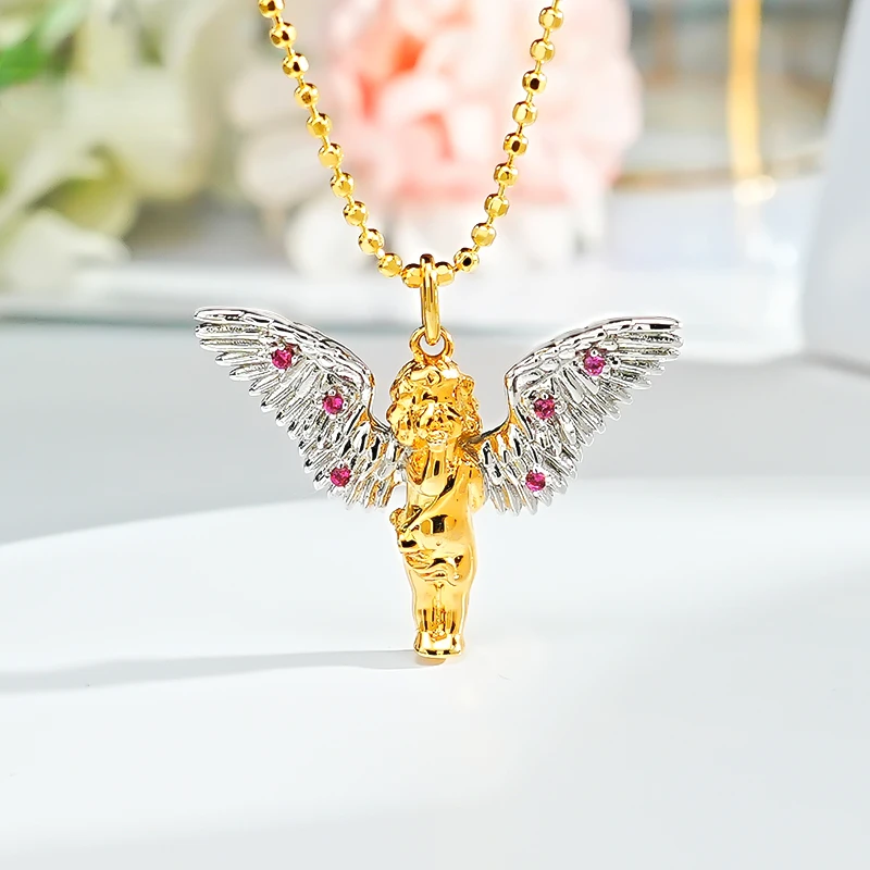 Angel Cupid Kiss 925 Silver Heart Pendant Set with High Carbon Diamond Gold Wings and Adjustable Collar Chain for Women