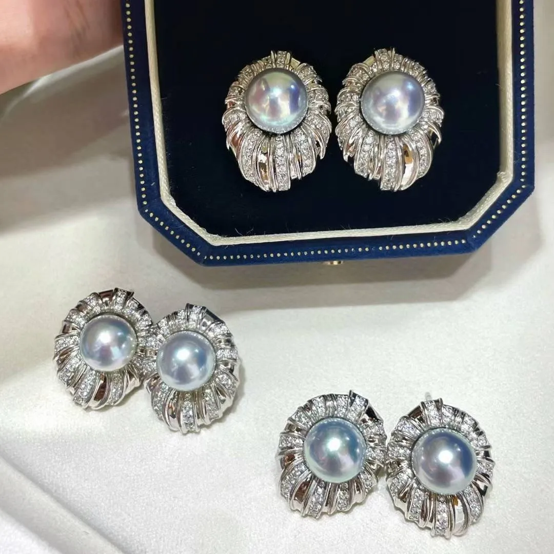 

925 Sterling Silver 18K Gold Plated Hanadama Pearl Stud Earrings - 8-9mm Electric Blue Seawater Pearls