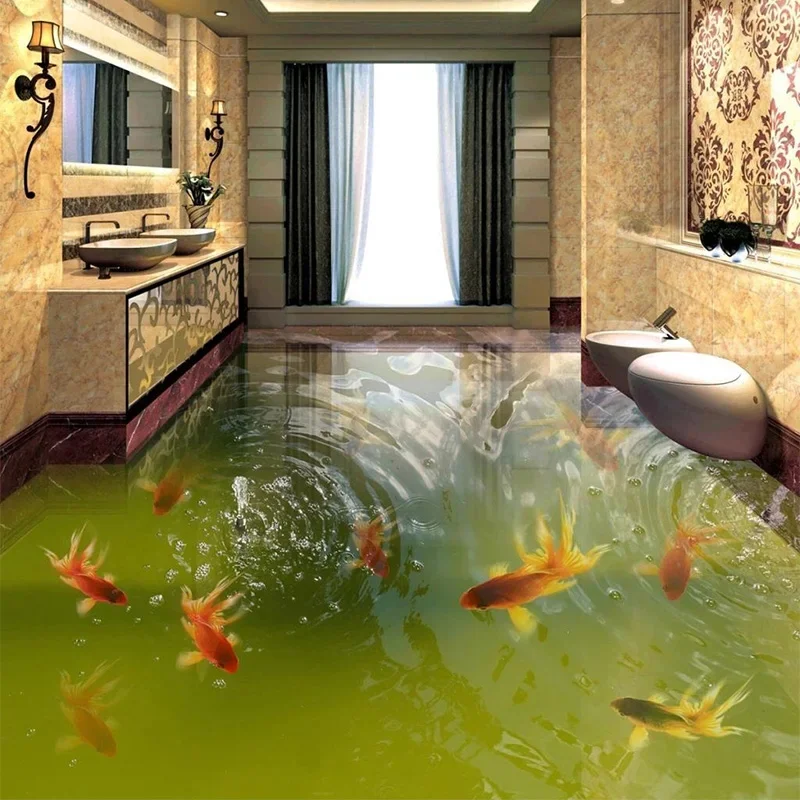 

Custom PVC Waterproof Self-adhesive Floor Mural Classic Goldfish River 3D Tile Floor Painting Bathroom Bedroom Home Decor