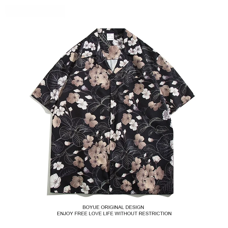 

Мужская летняя рубашка Boyue в винтажном стиле с кубинским воротником, цветочный принт, гавайский стиль, пляжная, повседневная, свободного кроя, молодежная мода