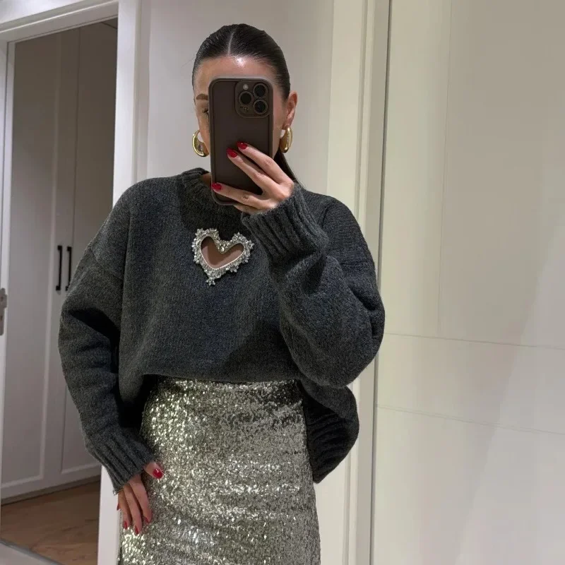 

Round Neck Diamond-encrusted Love Long-sleeved Pullover Sweater Women's Lazy Wind Spring Autumn Hollow Loose Knitted Sweater