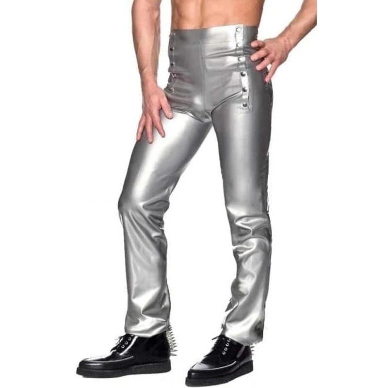 

Silver Sexy Latex Leggings with Front Open Buttons Rubber Pants Jeans Trousers Bottoms Plus Size for Men