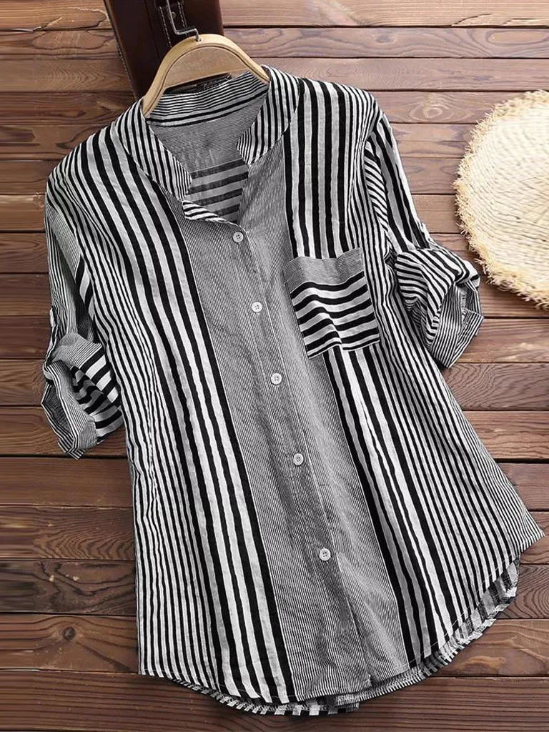 Loose Striped Women's irt Large Size Long Sve Street Sle V-Ne Button up Casual Summer Faion Ladies' Big Fit Top