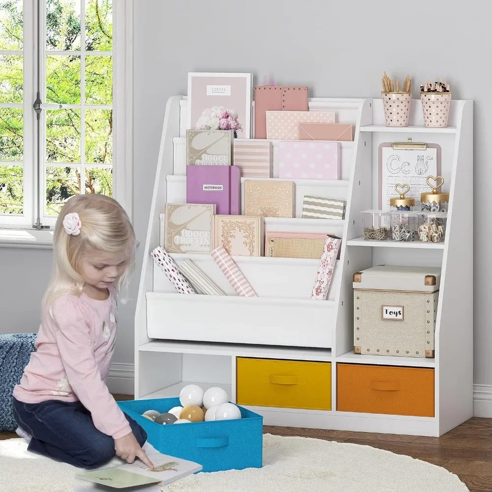 Estante Sling Infantil com Caixas De Armazenamento, Criança Montessori Estante Para Livros, Estante De Madeira Para Crianças, Sala De Aula, 5-Camada