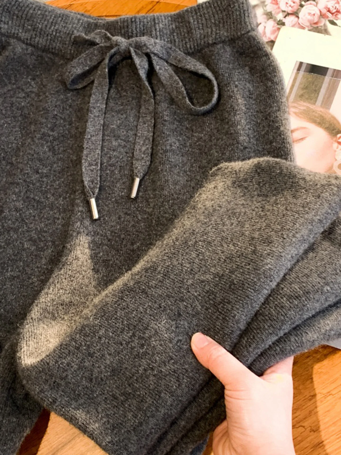 루즈 니트 와이드 레그 팬츠 부드러운 단색 캐주얼 스트레이트 레그 바지 피부 친화적 슬림핏 가을 패션