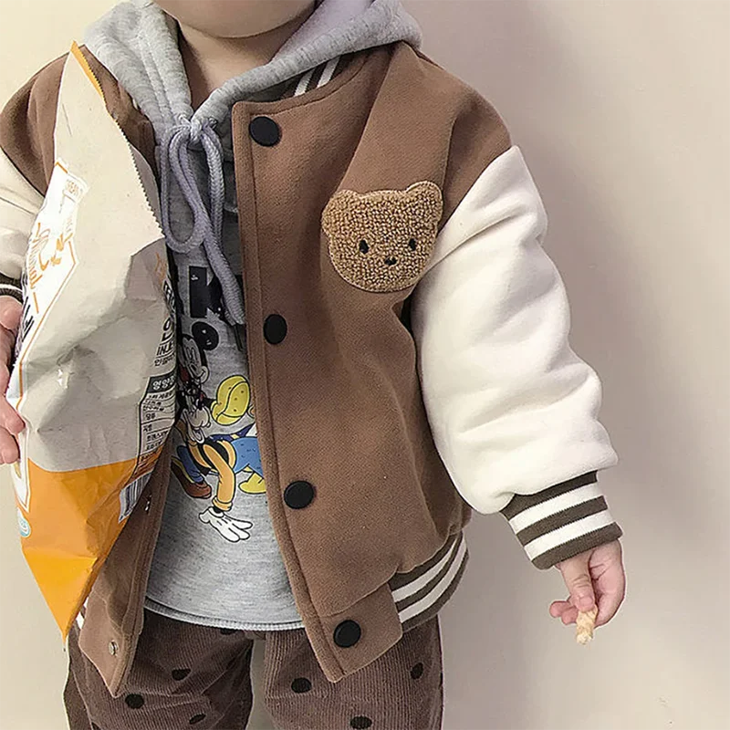 Korean Baby Boys\' Bear Embroidered Jacket Casual Coat Warm Autumn Children\'s Girls\' Thickened Top Coat Newborn Round Neck Jacket