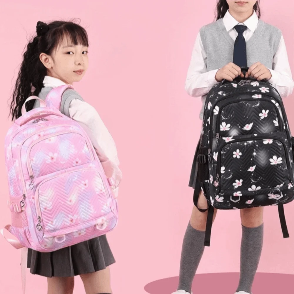 シンプルな花柄プリント子供用バックパック-ナイロン製-多ポケット-ショルダーバッグ-原宿風-韓国スタイル-学生用スクールバッグ-ユニセックス