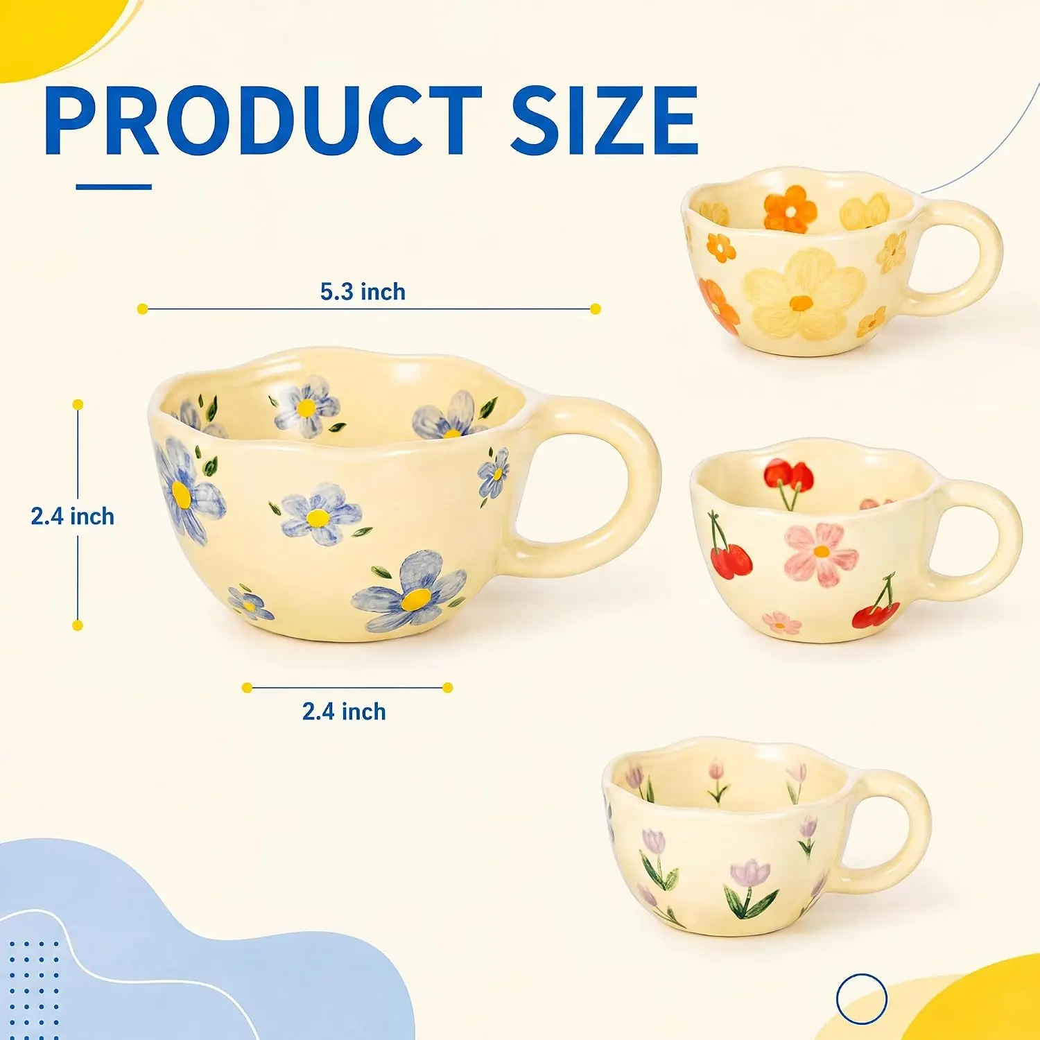4PCS 11cm Floral Ceramic Mug  with handles Creative Cute Hand-Painted Love Heart Coffee Cup Milk Oatmeal Breakfast Afternoon Tea Cup Valentine's Day Present