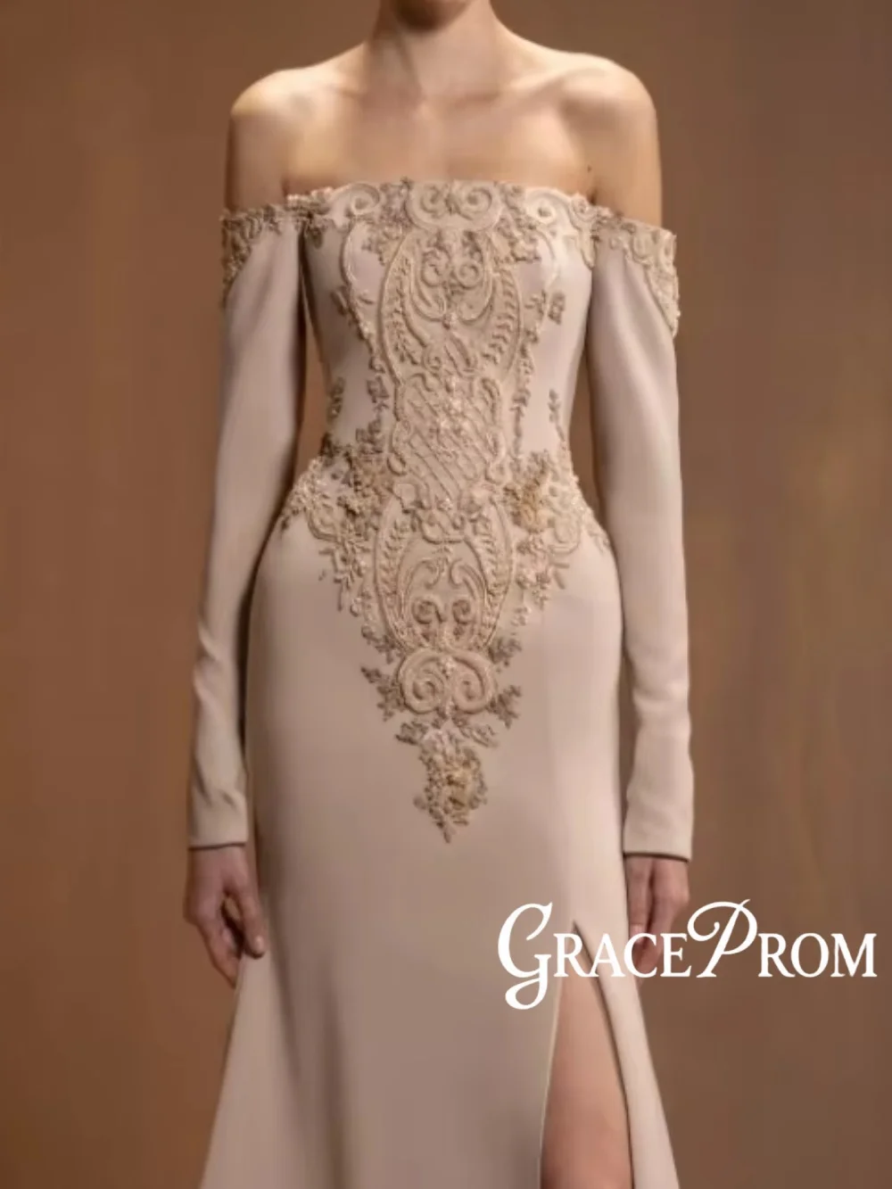 

New Elegant Beaded Long Evening Dress With Slit Off Shoulder Satin Mermaid Wedding Party Gowns Customized Stunning Banquet Gowns
