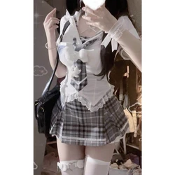 Preppy Style Sweet Cute White Short Sleeved Shirt Gray Plaid High Waist Skirt Two Piece Sets Womens Outifits Hot Girl Skirt Sets