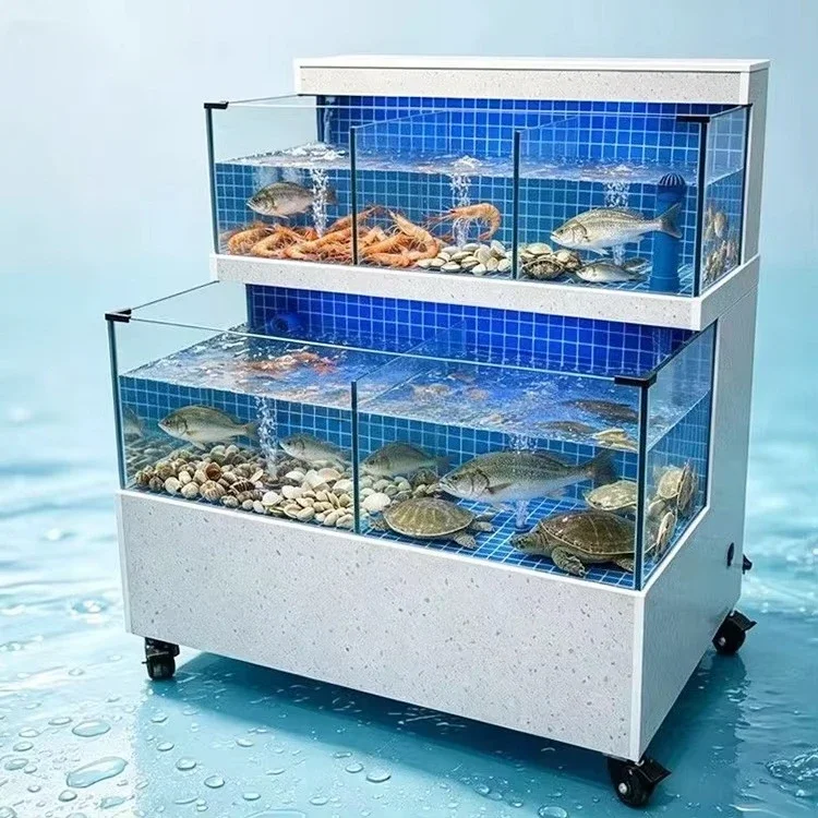 aCustom 2 Layers Live Seafood Holding Tank Commercial Multi-Grid Glass Aquarium with Filtration for Hotel Supermarket Restaurant