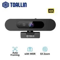 TOALLIN 4K Webcam Auto Focus Streaming Web Camera WDR, Auto Framing, Computer PC USB Camera with Microphones for Zoom/Teams/OBS