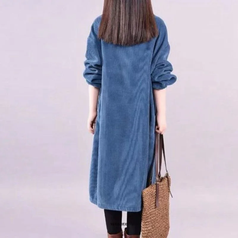 Corduory Dress Winter FleeceThick Dress Women Lady Vestidos Long Sleeve Turleneck Warm Long Dress A62