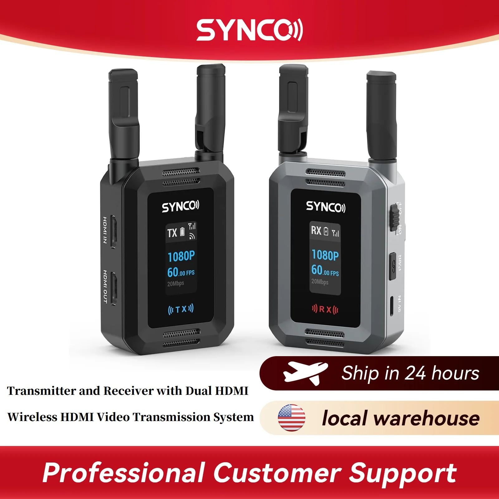 SYNCO Wireless HDMI Video Transmission System XVision 1080P 60FPS HD Transmitter and Receiver with Dual HDMI for Livestreaming