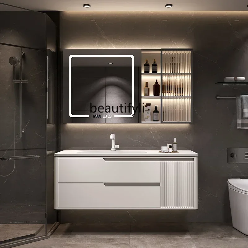 

New Arrivals Cream Stle Stone Plate Double Basin Bathroom Cabinet SeamleCeramic Basin Solid Wood Oak Washbasin